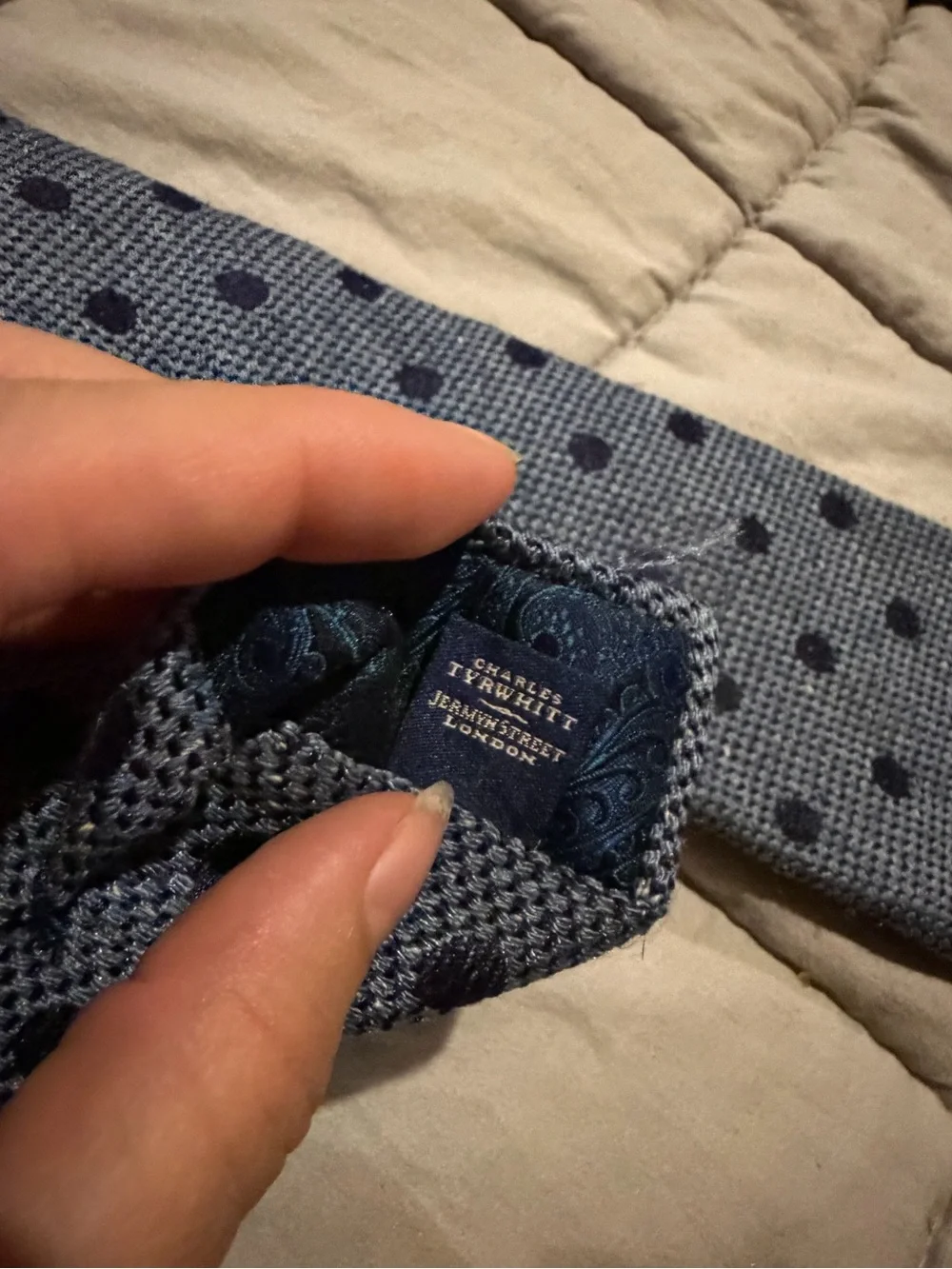 Charles Tyrwhitt Light Blue Knit Tie with Navy Polka Dots